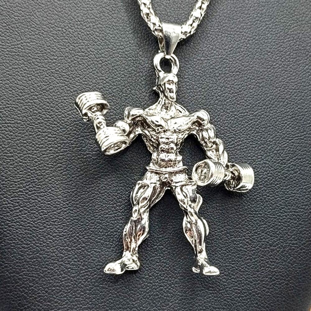 Stainless Bodybuilder Necklace Weightlifting Fitness Gym Bro Birthday Gift - NEW
